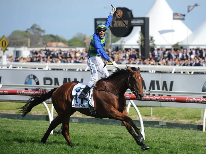 Nick Hall reacts as he rides Jameka to victory