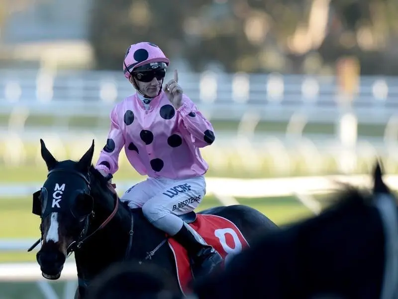 Beau Mertens is one win clear in the jockeys premiership after winning on Leodoro at Caulfield. Jockey Beau Mertens on Leodoro