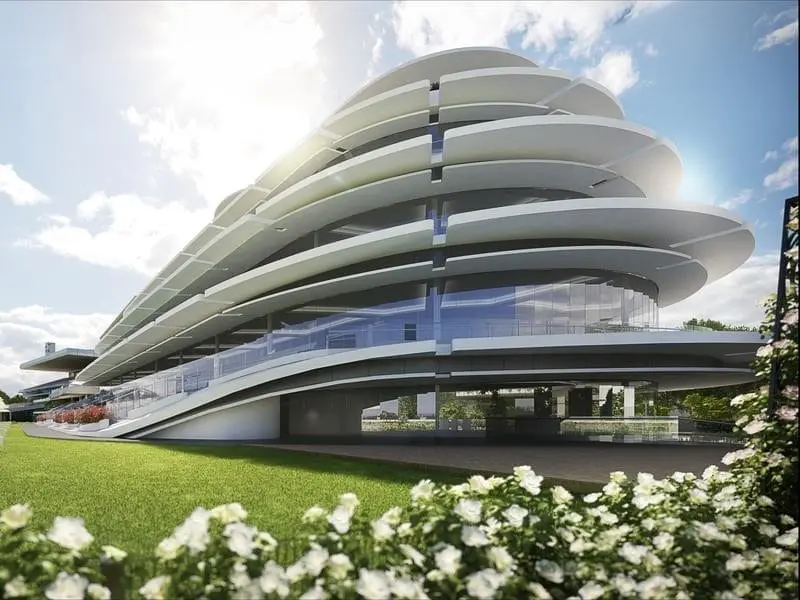 Flemington's famous roses have inspired the design of the racecourse's new $128 million grandstand. An artist's impression of the new stand at Flemington