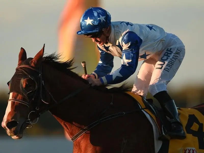 Jockey Damian Browne has won on Crack Me Up, giving him another Sunshine Coast Guineas victory. Jockey Damian Browne rides Crack Me Up