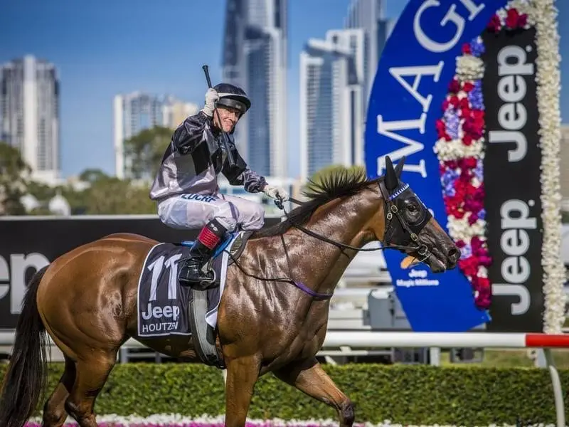 Magic Millions winner Houtzen has won a barrier trial ahead of her return to racing. magic Millions Houtzen