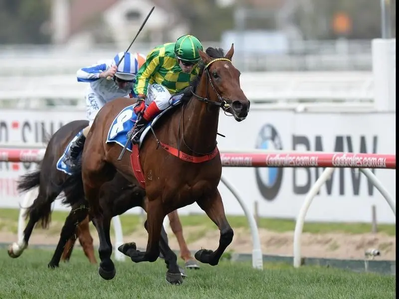 Wheal Leisure, ridden by Dean Yendall, has upset odds-on favourite Hardham to win at Caulfield. Wheal Leisure