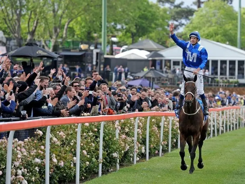 Winx and her jockey Hugh Bowman will be out to win a third Cox Plate in front of a sell-out crowd. winx