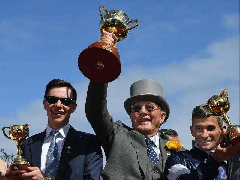 Rekindling delivered owner Lloyd Williams (centre) his sixth Melbourne Cup win. Trainer Joseph O'Brien, part owner Lloyd Williams, jockey Corey Brown