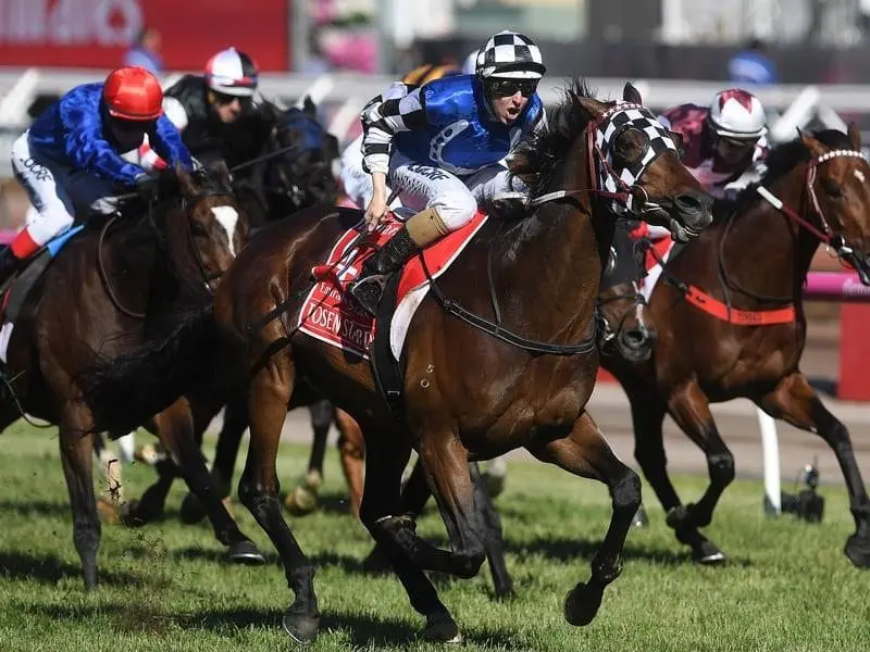 Damian Lane rides Tosen Stardom (centre) to victory in the Emirates Stakes at Flemington. Tosen Stardom wins the Emirates Stakes.