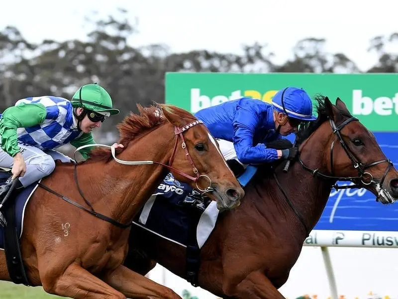 Godolphin's English-trained Qewy (inside) holds on to beat Kiwia in the Bendigo Cup. Qewy beats Kiwia in the Bendigo Cup.