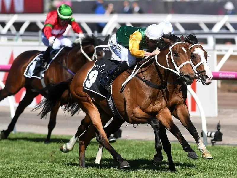 Shillelagh beats stablemate Tom Melbourne to win the $1 million Kennedy Mile at Flemington. Michael Dee rides Shillelagh (centre) to victory in the Kennedy Mile.