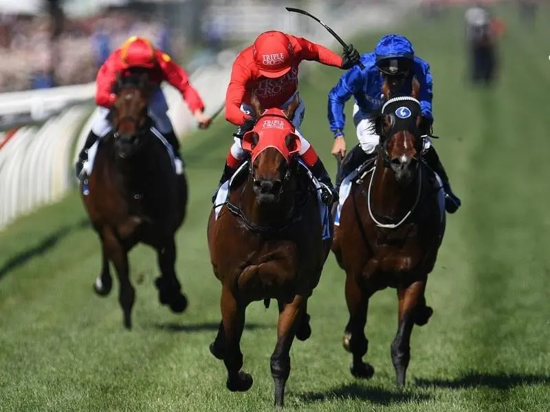 Sprinter Redzel (second from left) has cemented his position as Australia's best sprinter. Kerrin McEvoy rides Redzel to victory