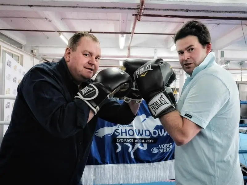 Trainers Troy Corstens (l) and Henry Dwyer shaping up in a mock boxing match to launch The Showdown. showdown