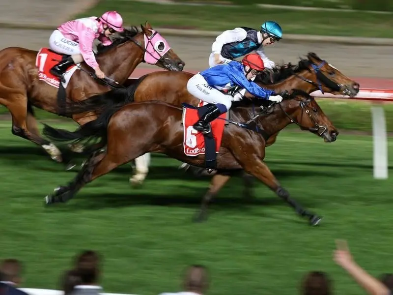 Invincible Al will be chasing back-to-back Pakenham Cup day wins for trainer Patrick Payne. Invincible Al (outside) wins at Moonee Valley.