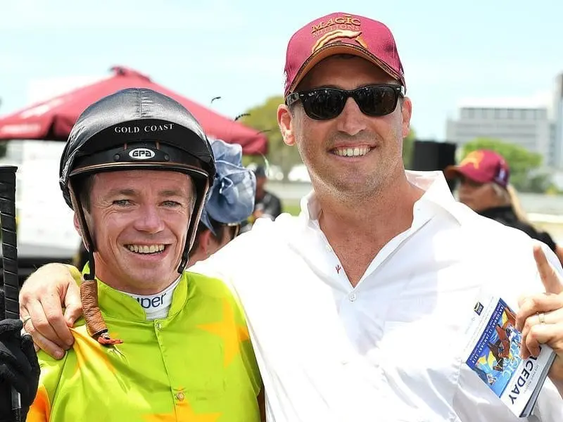 Jockey Stephen Baster and trainer Tony Gollan have combined with I'm A Rippa to win the MM QTIS. rippa