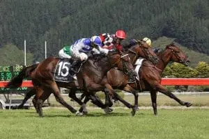 Wait A Sec (red cap) noses out Asama Blue (outer) to win the Group 3 Tui