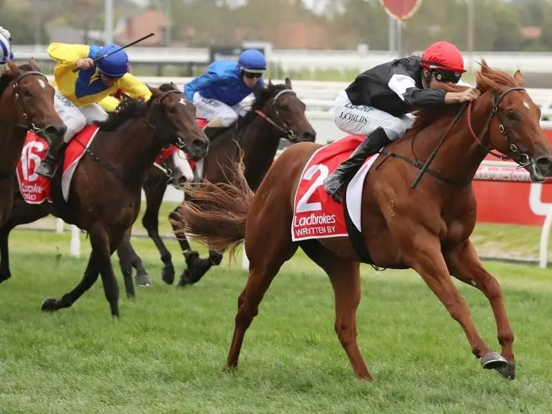 Written By has stormed home to win the G1 Blue Diamond Stakes at Caulfield. Written By wins the Blue Diamond Stakes at Caulfield