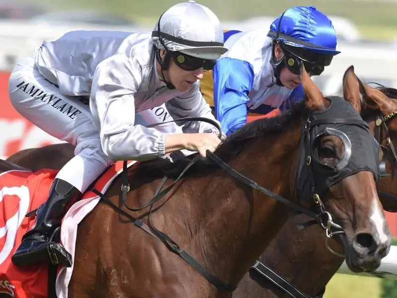 Bedford (L) has stepped up in class to record a strong win in the Mal Seccull Handicap at Caulfield. Jockey Damian Lane rides Bedford (L) to victory in Race 7,