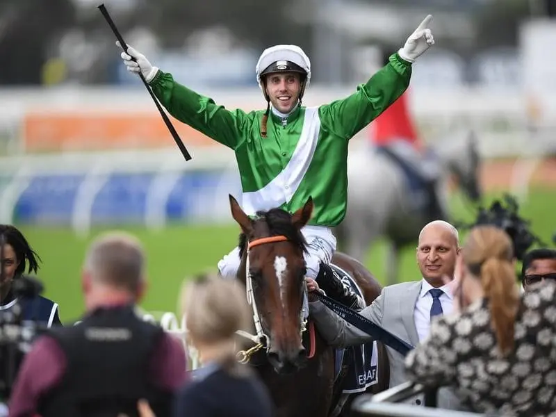 Jockey Brenton Avdulla on Estijaab gestures to the crowd.