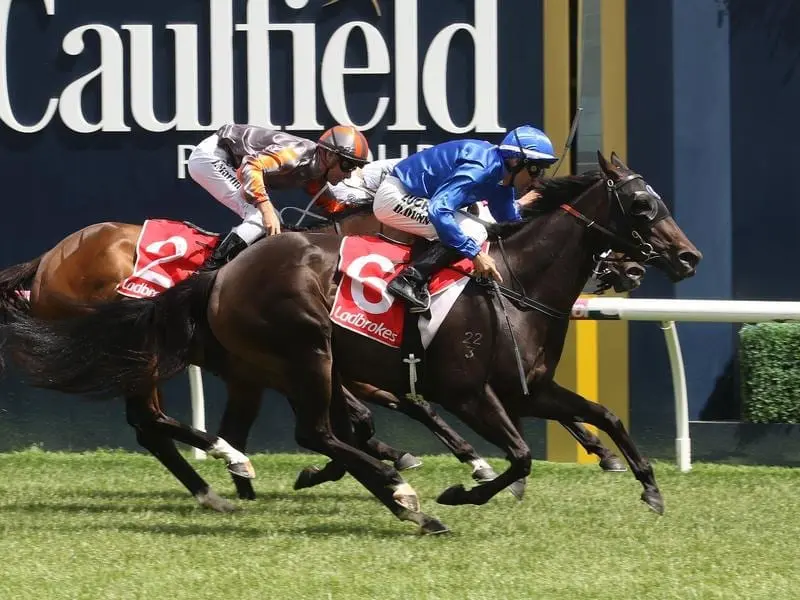 Dwayne Dunn has ridden Godolphon mare Chatuchak (blue) to win at Caulfield. chatuchak