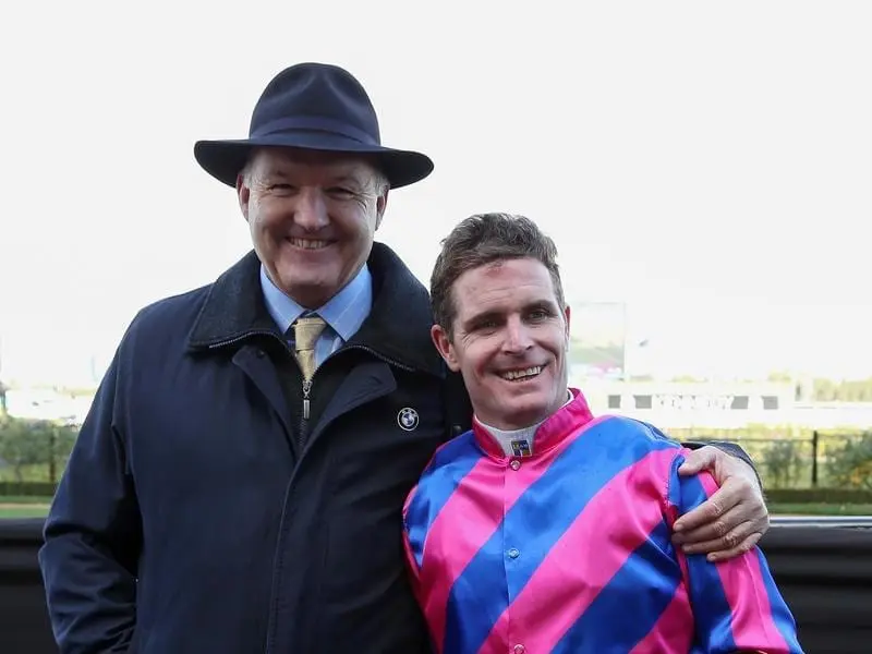 Luke Nolen (r) will ride Redkirk Warrior in the Futurity for Lindsay Park headed by David Hayes (l). david hayes and luke nolen