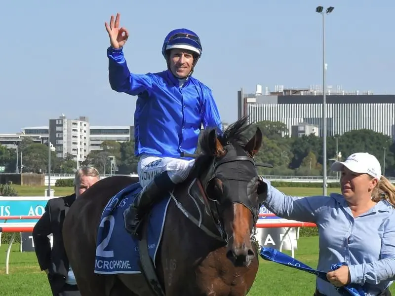 Jockey Hugh Bowman has ridden Microphone to victory in the Group One ATC Sires' Produce Stakes. Hugh Bowman.