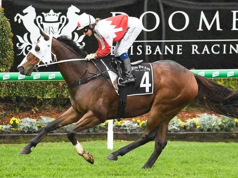 Jockey Tegan Harrison rides New Horizons to victory at Doomben.