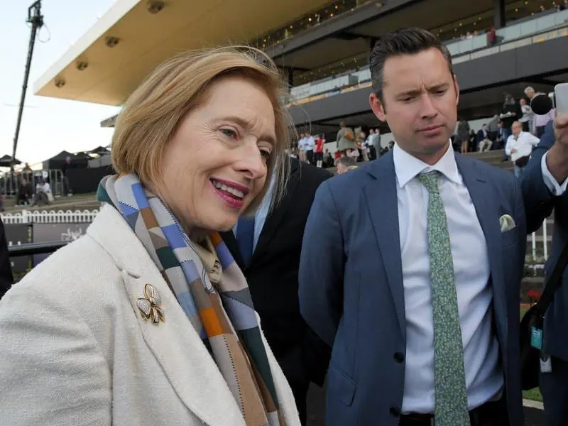 Co-trainers Gai Waterhouse and Adrian Bott after Just Thinkin's win.