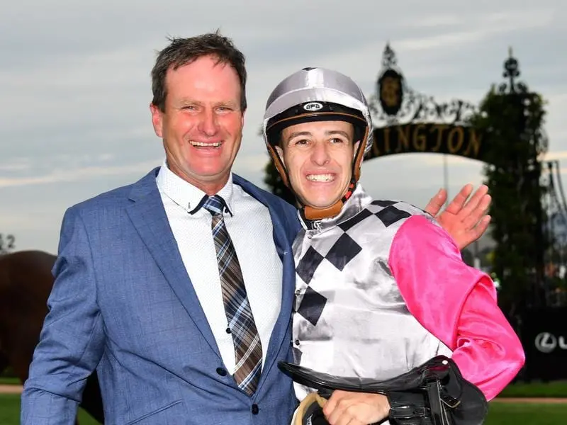 Trainer Paul Preusker and jockey Jordan Childs.