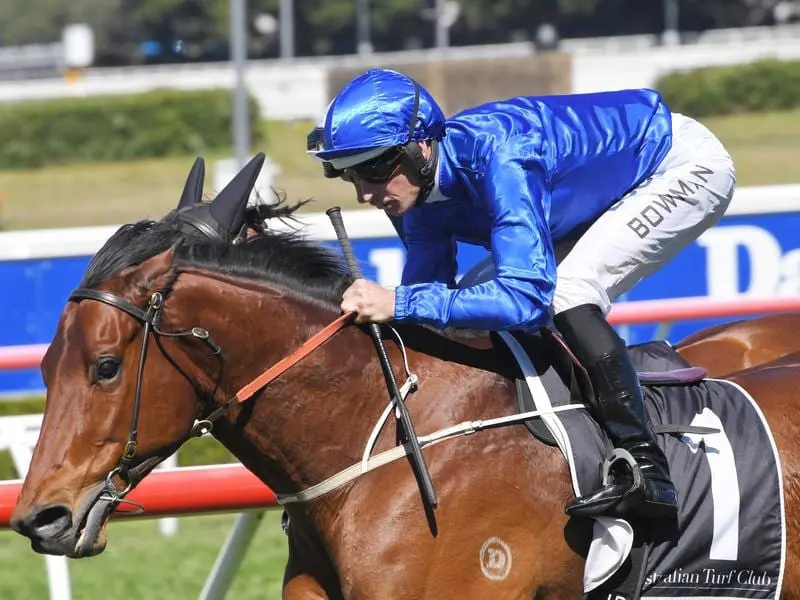 Hugh Bowman rides Osborne Bulls in an exhibition gallop at Randwick