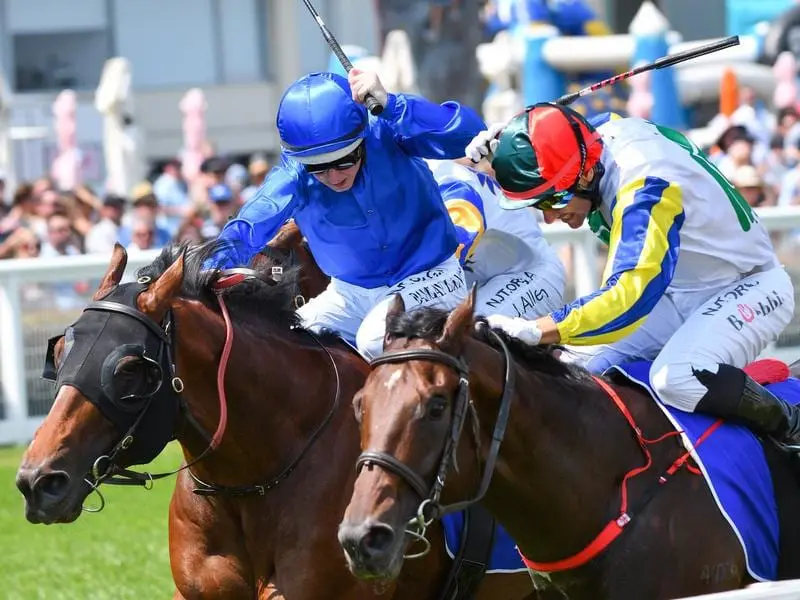 Microphone (left) wins the Autumn Stakes at Caulfield.