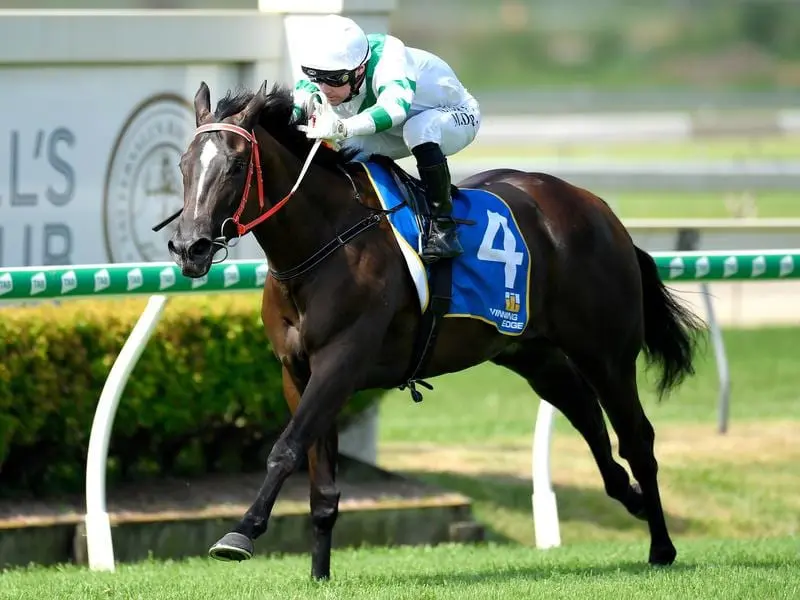 Kisukano beat Redoute's Image by 4-1/4 lengths in the Two-Year-Old Fillies The Jewel Prelude. Mark Du Plessis rides Kisukano to victory in race 4 at Doomben