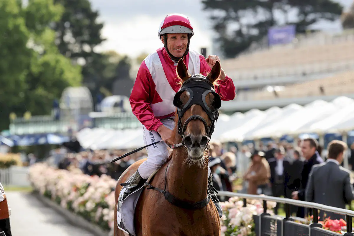 Damien Oliver celebrates win on Superstorm in Empire Rose