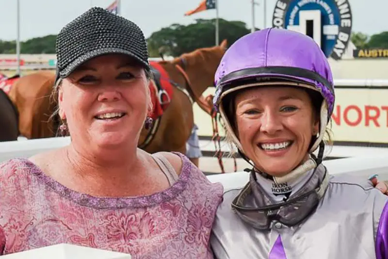 Strathalbyn trainer Nicole Irwin and Darwin jockey Sonja Wiseman celebrating a win at Fannie Bay.