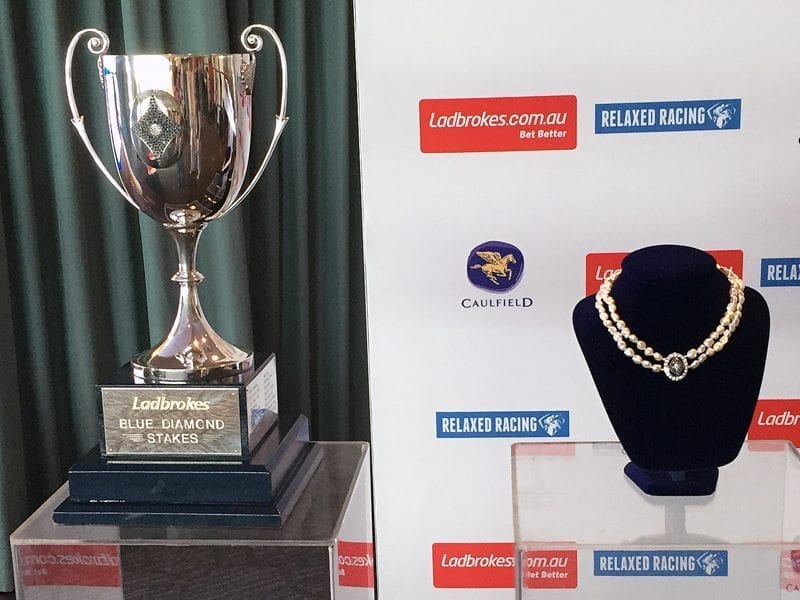 The Blue Diamond Stakes trophy (left) and necklace and trophy, presented to the winning connections of the Blue Diamond Stakes, are seen at Caulfield Racecourse in Melbourne, Tuesday, Feb. 23, 2016. (AAP Image/Craig Brennan)