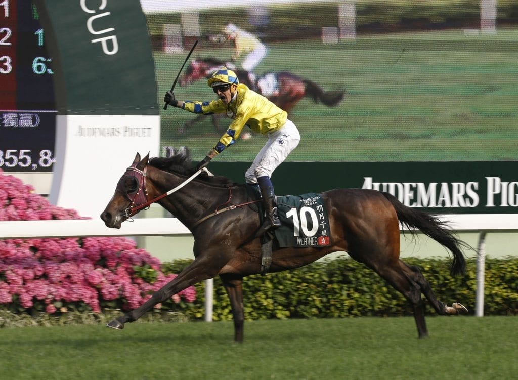 Hugh Bowman wins the QEII Cup in Hong Kong on champion horse Werther. 