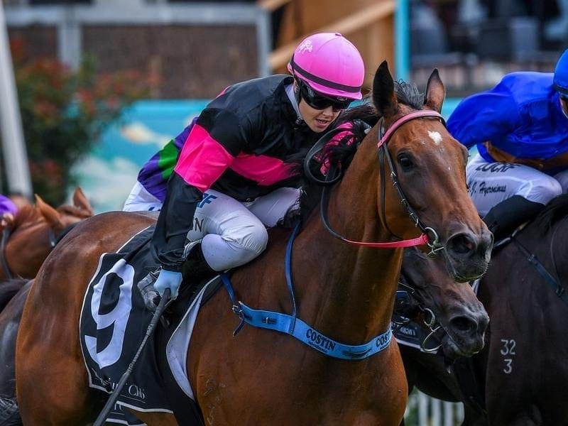 Jockey Winona Costin (centre) rides Bye See to victory in race 6