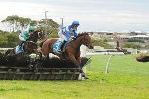 Jockey narrowly avoids hurdling horses