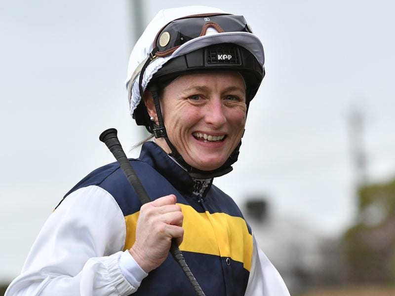 Linda Meech after riding a treble at The Valley.