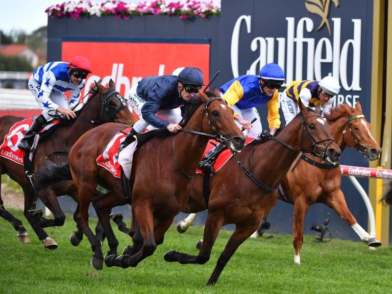 Cape Of Good Hope (right) wins the Caulfield Stakes.